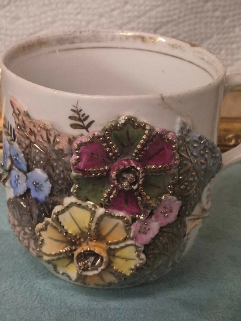 Antique German Porcelain 3D Applied Floral High Relief Teacup Made in Germany